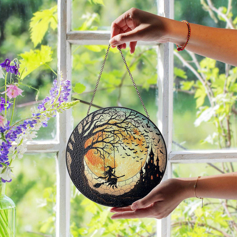Spooky Halloween Witch Suncatcher - Gothic Stained Glass Window Hanging For Haunted House DéCor