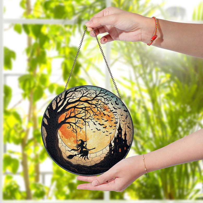 Spooky Halloween Witch Suncatcher - Gothic Stained Glass Window Hanging For Haunted House DéCor