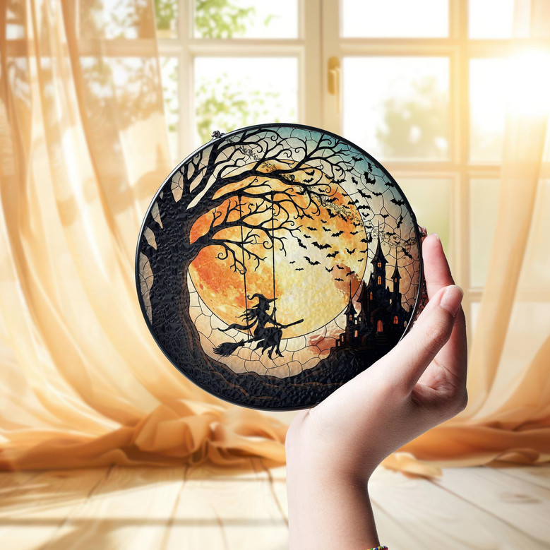 Spooky Halloween Witch Suncatcher - Gothic Stained Glass Window Hanging For Haunted House DéCor
