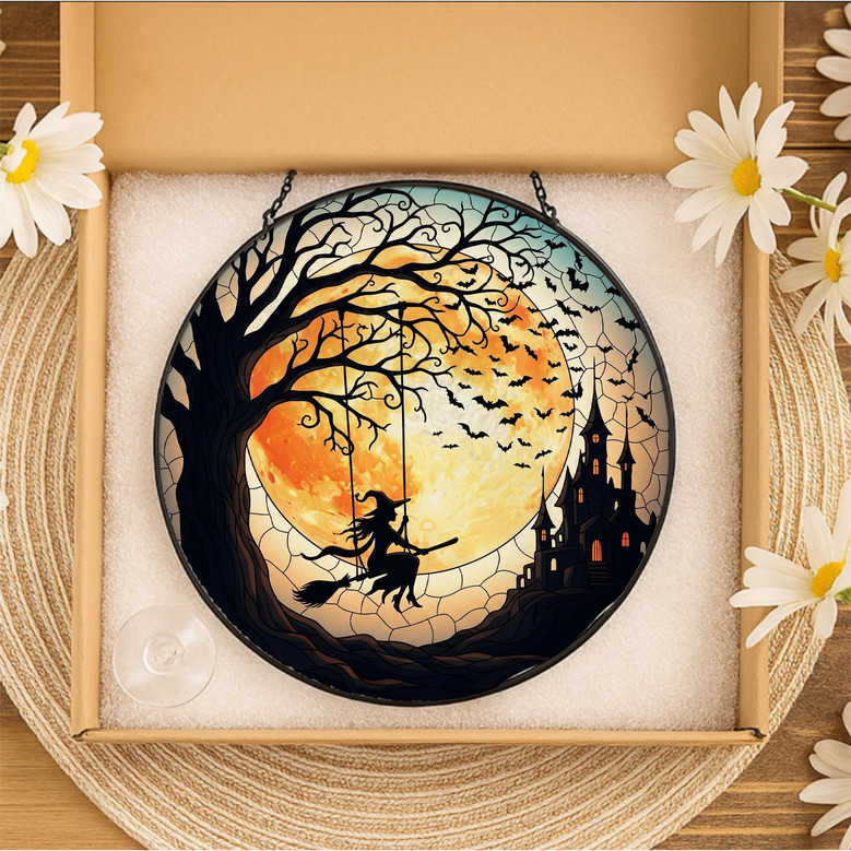 Spooky Halloween Witch Suncatcher - Gothic Stained Glass Window Hanging For Haunted House DéCor