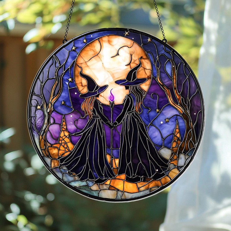 Spooky Witch Halloween Window Stained Glass Suncatcher For Gothic Decor
