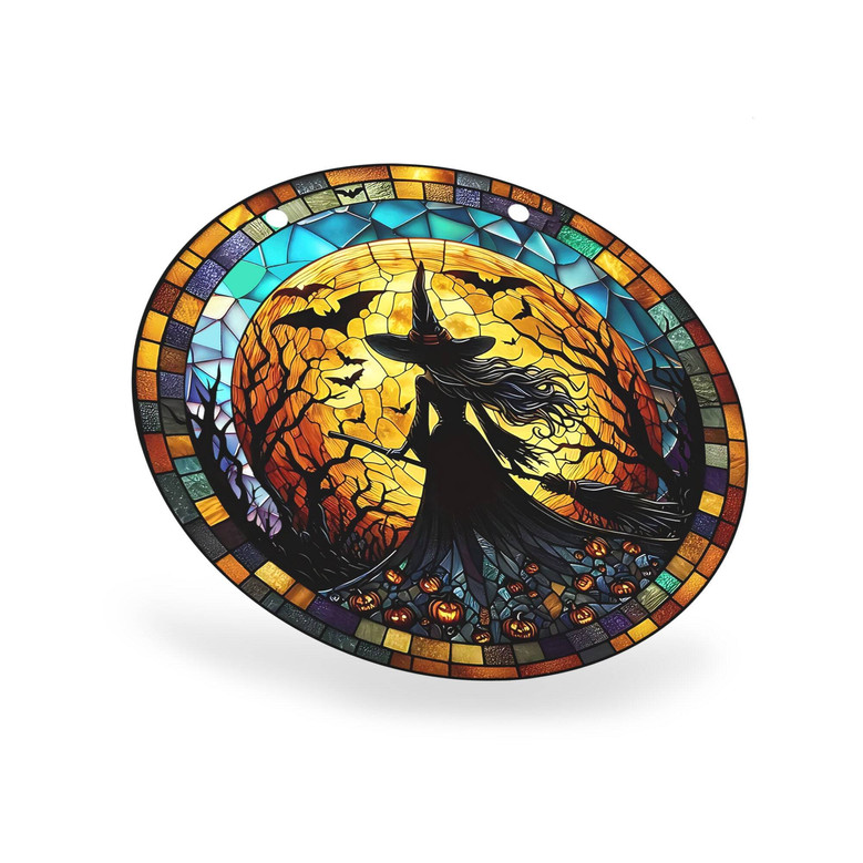 Witchy Moon Stained Glass Suncatcher For Window - Spooky Halloween Decor