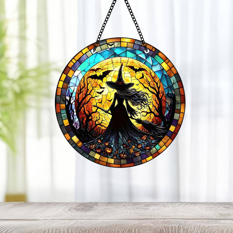 Witchy Moon Stained Glass Suncatcher For Window - Spooky Halloween Decor