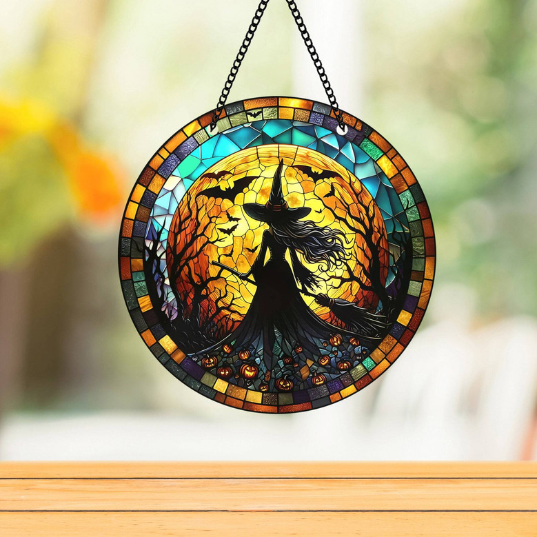 Witchy Moon Stained Glass Suncatcher For Window - Spooky Halloween Decor