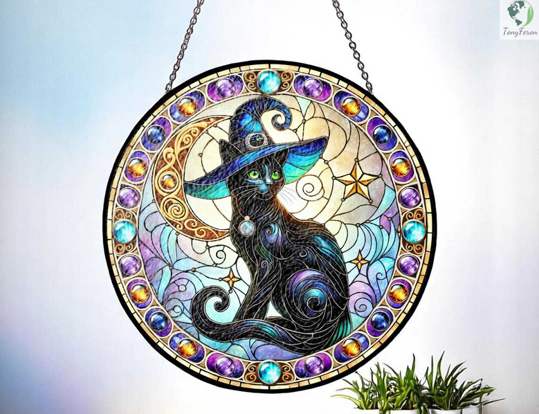 Mystical Wiccan Black Cat Stained Glass Suncatcher | Halloween Decor For Her | Witchy Home Accent