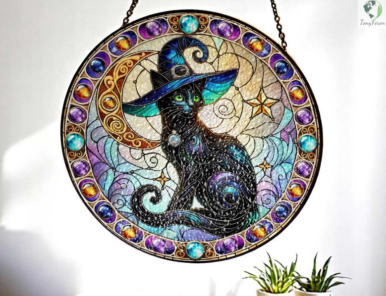Mystical Wiccan Black Cat Stained Glass Suncatcher | Halloween Decor For Her | Witchy Home Accent