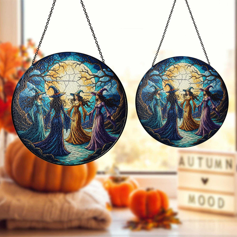 Witches Dancing Forest Stained Glass Suncatcher - Halloween Decor For Her