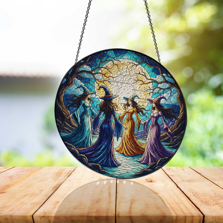 Witches Dancing Forest Stained Glass Suncatcher - Halloween Decor For Her