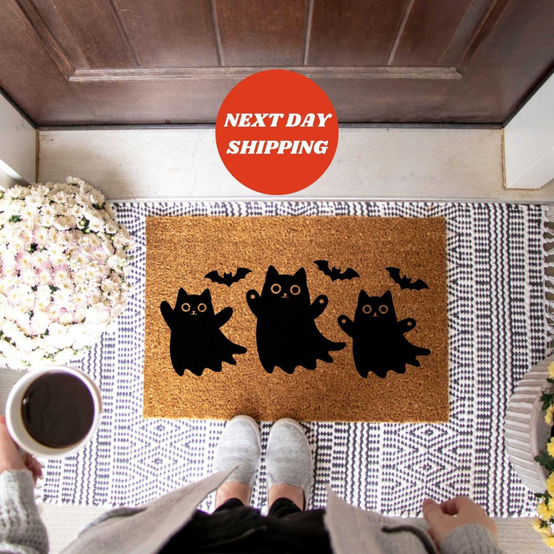 Cat Ghost Doormat For Halloween – Outdoor Coir Decor For Cat Moms