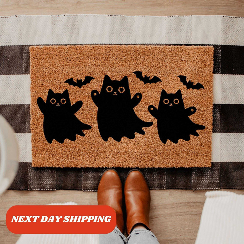 Cat Ghost Doormat For Halloween – Outdoor Coir Decor For Cat Moms