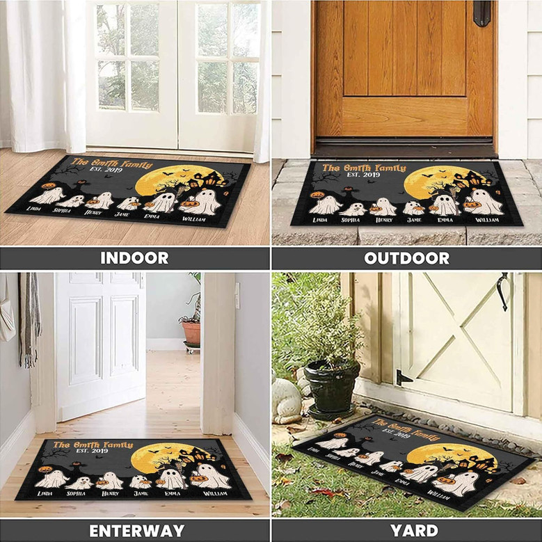 Personalized Ghost Family Halloween Doormat For Outdoor Decoration - Witch Themed Welcome Mat