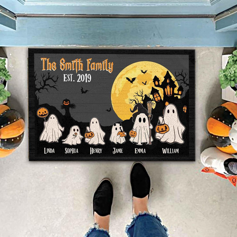 Personalized Ghost Family Halloween Doormat For Outdoor Decoration - Witch Themed Welcome Mat