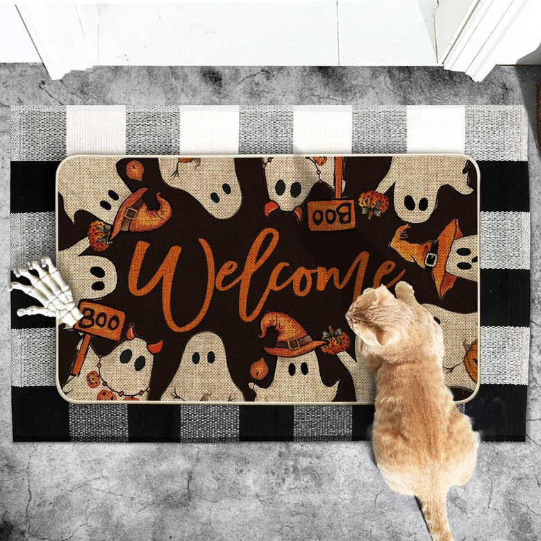 Halloween Ghost Boo Welcome Doormat - Indoor Outdoor DéCor, 17x29 Inch Switch Rug, Spooky Entryway Accent