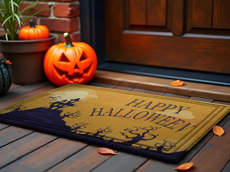 Halloween Spirit Ghost House Doormat - Welcome Mat With Pumpkins | Funny Recycled Rubber Halloween Decor