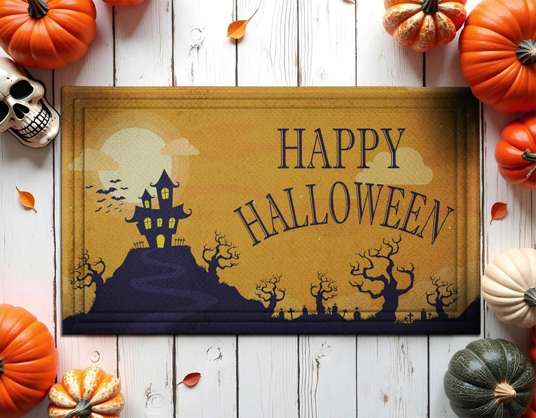 Halloween Spirit Ghost House Doormat - Welcome Mat With Pumpkins | Funny Recycled Rubber Halloween Decor