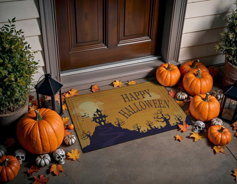 Halloween Spirit Ghost House Doormat - Welcome Mat With Pumpkins | Funny Recycled Rubber Halloween Decor