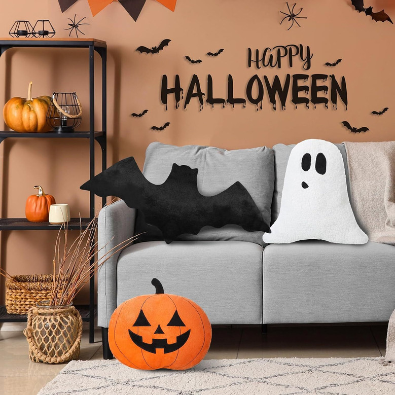 3-Piece Halloween Pillow Set With Pumpkin Ghost Bat Shaped Throw Pillows In Crystal Velvet For Couch And Bed