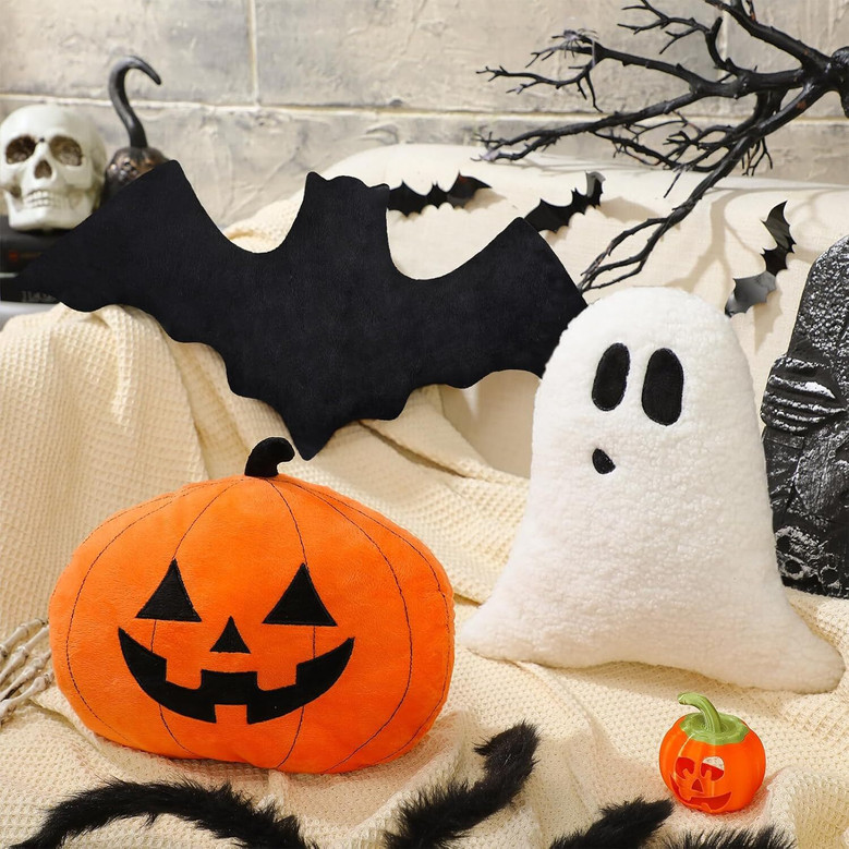 3-Piece Halloween Pillow Set With Pumpkin Ghost Bat Shaped Throw Pillows In Crystal Velvet For Couch And Bed