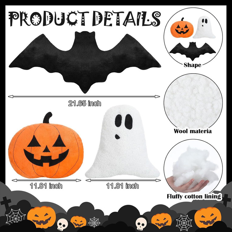 3-Piece Halloween Pillow Set With Pumpkin Ghost Bat Shaped Throw Pillows In Crystal Velvet For Couch And Bed
