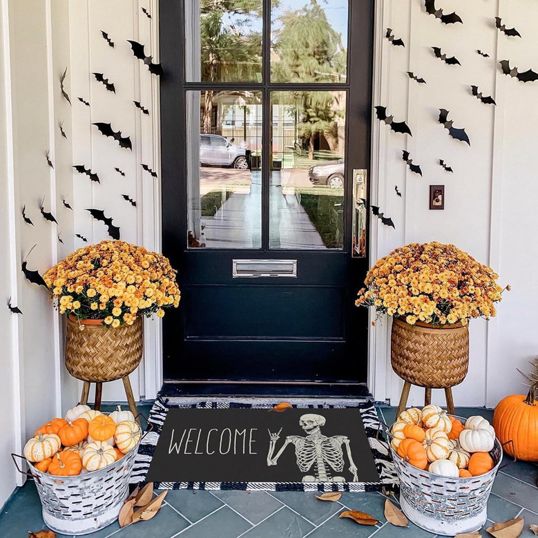 Halloween Skeleton Design Doormat - Non-Slip Entry Rug For Farmhouse Home Decor, Indoor Outdoor Use, Party Theme Welcome Mat