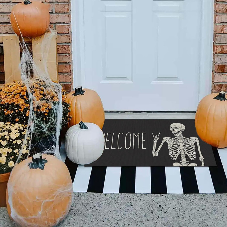 Halloween Skeleton Design Doormat - Non-Slip Entry Rug For Farmhouse Home Decor, Indoor Outdoor Use, Party Theme Welcome Mat