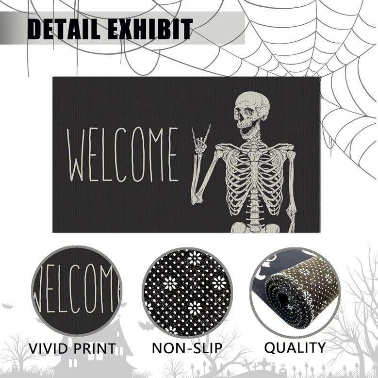 Halloween Skeleton Design Doormat - Non-Slip Entry Rug For Farmhouse Home Decor, Indoor Outdoor Use, Party Theme Welcome Mat