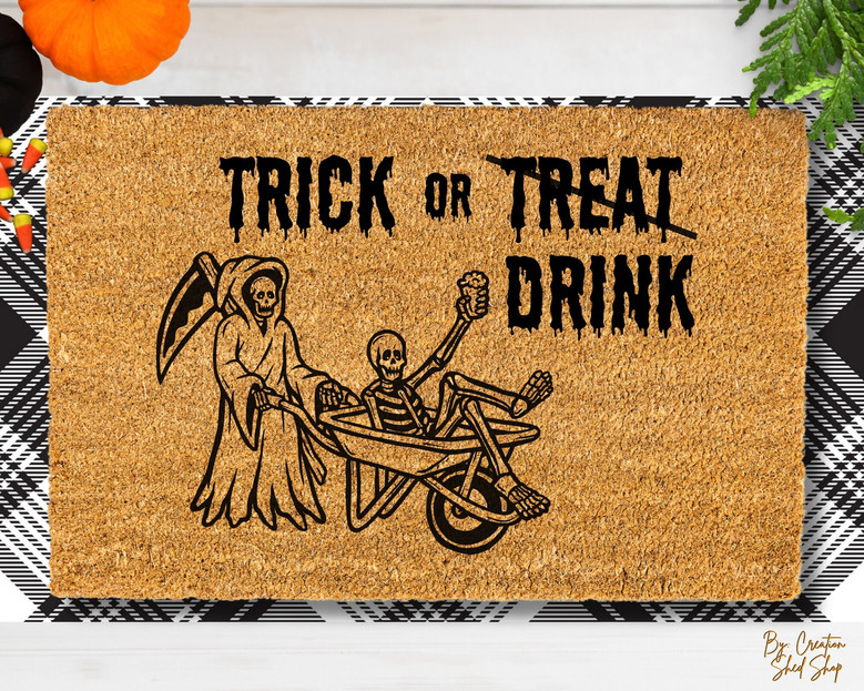 Funny Skeleton Halloween Doormat For Adult Parties - Trick Or Drink Entryway Decor