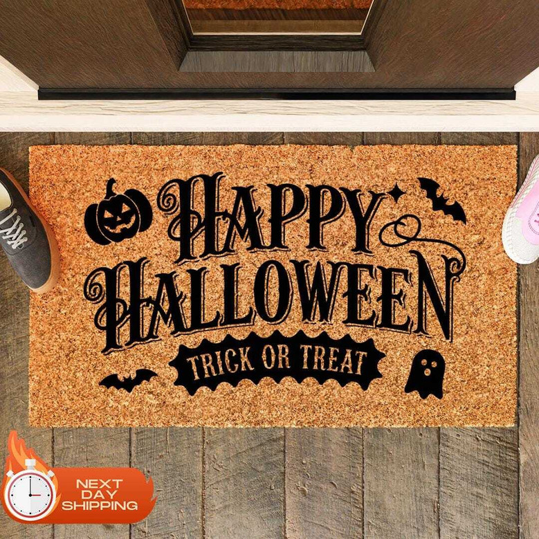 Cute Halloween Doormat For Front Door - Trick Or Treat Design With Pumpkin Decor For Halloween Party