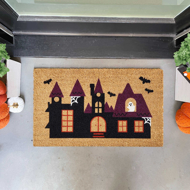 Ghostly Haunted House Doormat For Halloween Lovers - Spooky Welcome Mat, Large Outdoor Halloween Door Decor