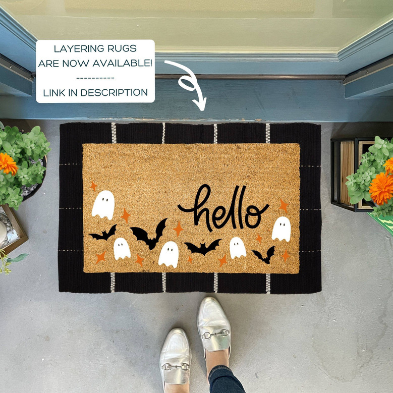 Personalized Halloween Doormat For Halloween Lovers - Bat And Ghost Outdoor Decor For Fall