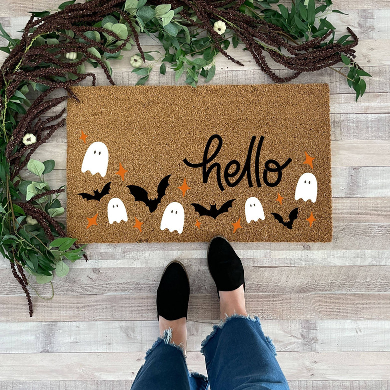 Personalized Halloween Doormat For Halloween Lovers - Bat And Ghost Outdoor Decor For Fall