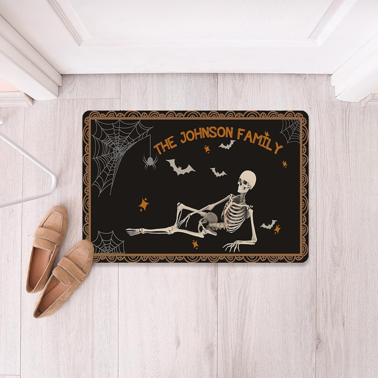 Custom Skeleton Halloween Doormat For Front Door - Personalized Funny Welcome Mat Outdoor Entrance Home Decor