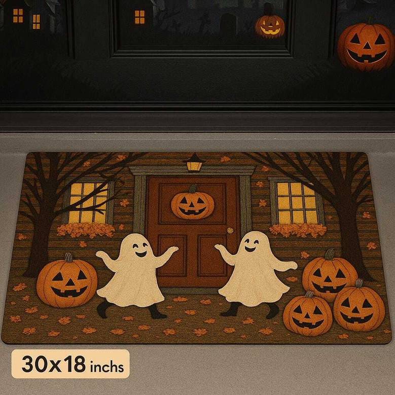 Cute Spooky Ghost Pumpkin Mat For Outdoor Trick Or Treat - Halloween Porch Decor