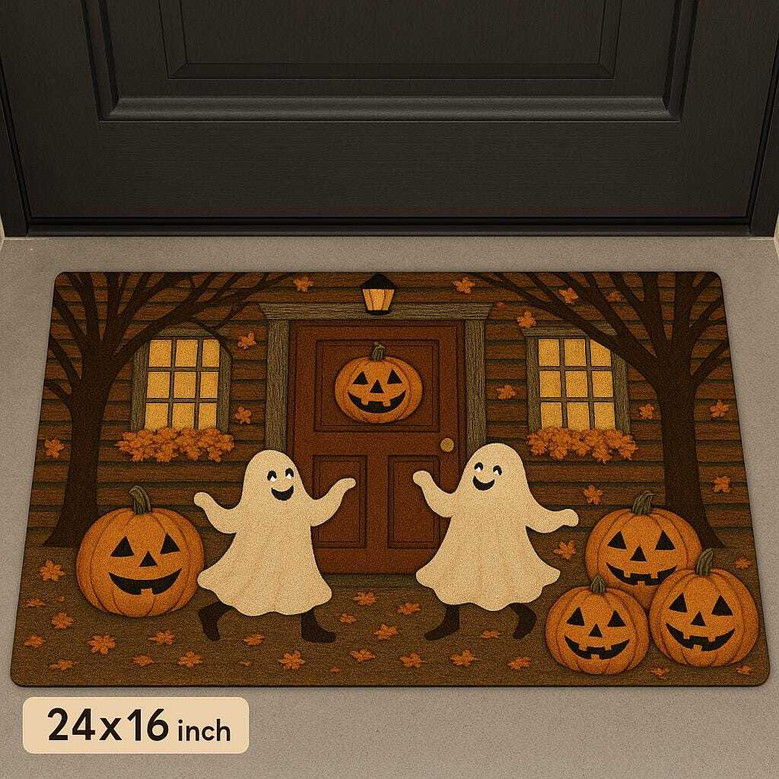 Cute Spooky Ghost Pumpkin Mat For Outdoor Trick Or Treat - Halloween Porch Decor