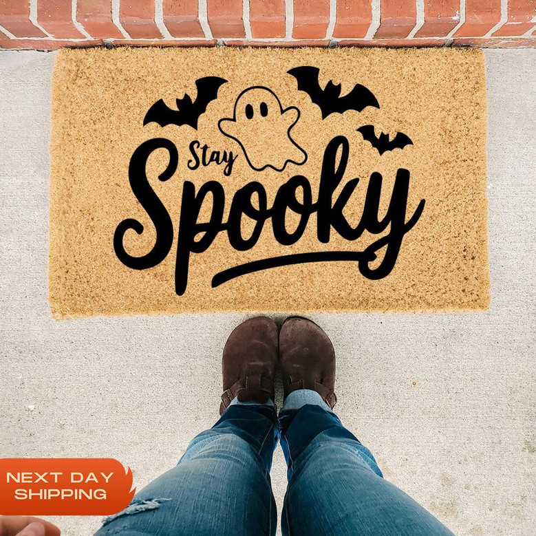 Personalized Stay Spooky Ghost Doormat For Halloween - Front Door Decor, Horror Theme