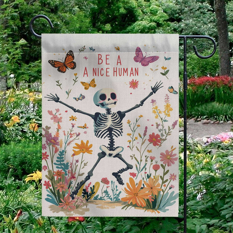 Be a Nice Human Garden Flag – Funny Goth Skeleton Floral Halloween Outdoor Decor