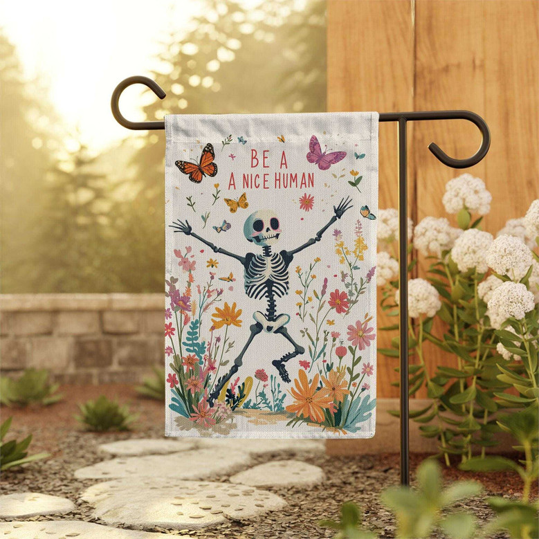 Be a Nice Human Garden Flag – Funny Goth Skeleton Floral Halloween Outdoor Decor
