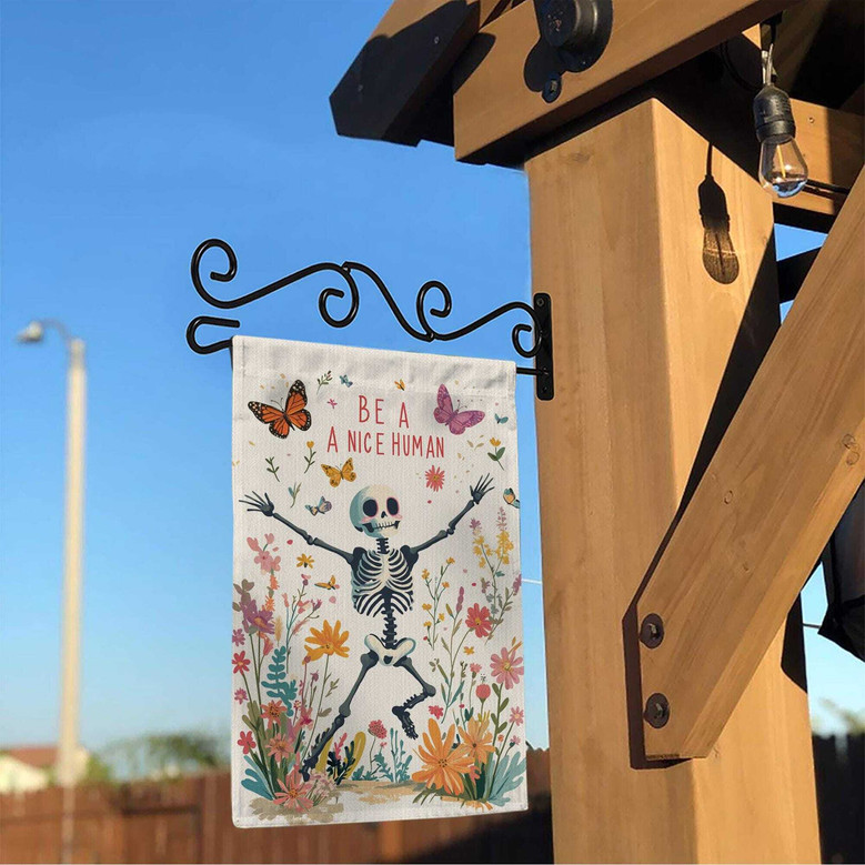 Be a Nice Human Garden Flag – Funny Goth Skeleton Floral Halloween Outdoor Decor