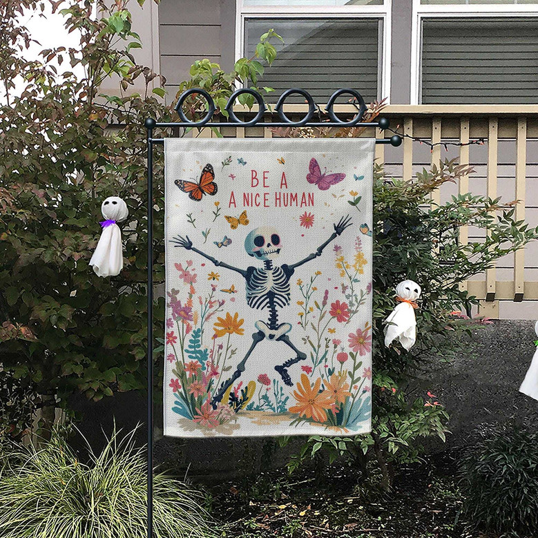Be a Nice Human Garden Flag – Funny Goth Skeleton Floral Halloween Outdoor Decor