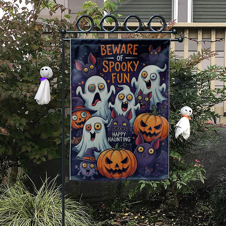 Beware of Spooky Fun Garden Flag – Cute Ghost & Pumpkin Halloween Yard Decor