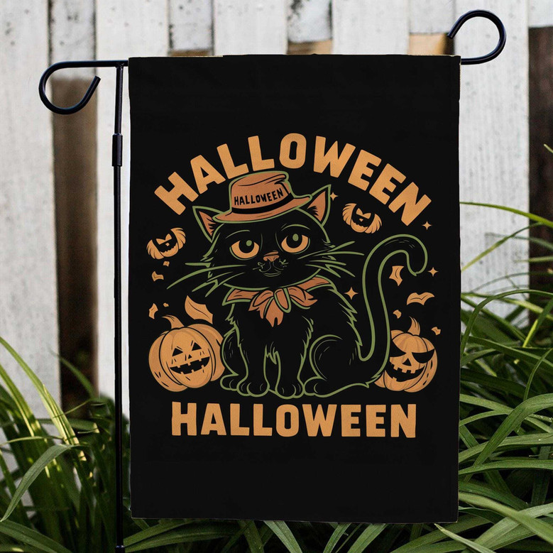 Spooky Halloween Black Cat Flag For Outdoor Garden - Preppy Goth House Banner