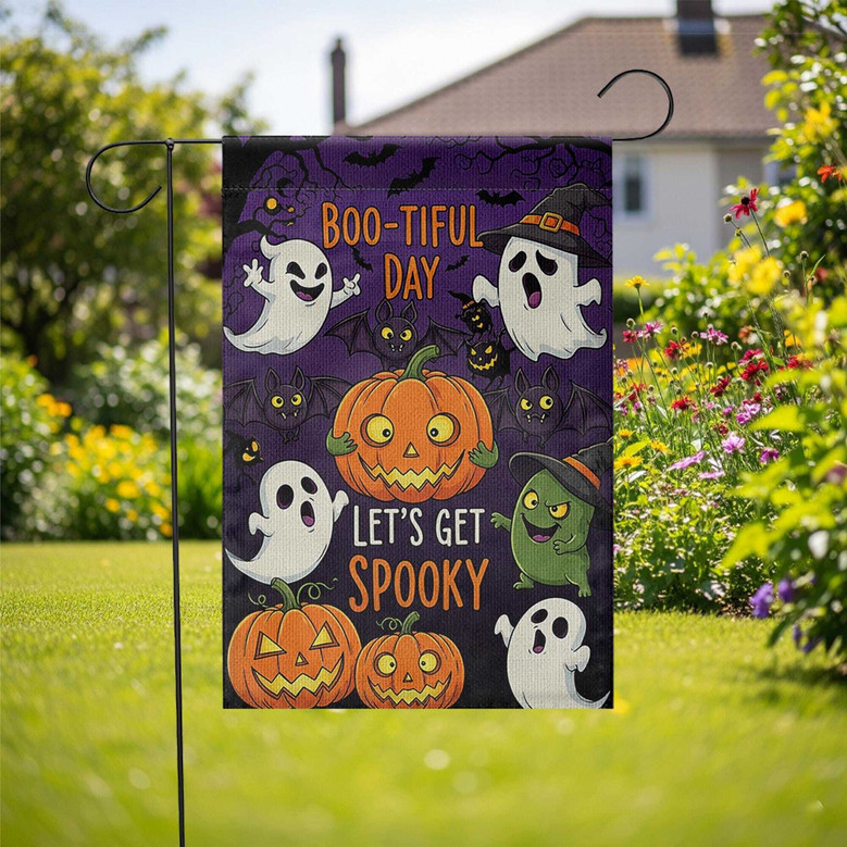 "Boo-tiful Day" Garden Flag – Ghost & Pumpkin Halloween Decor for Spooky Yards