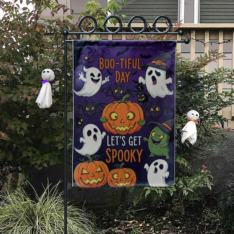 "Boo-tiful Day" Garden Flag – Ghost & Pumpkin Halloween Decor for Spooky Yards