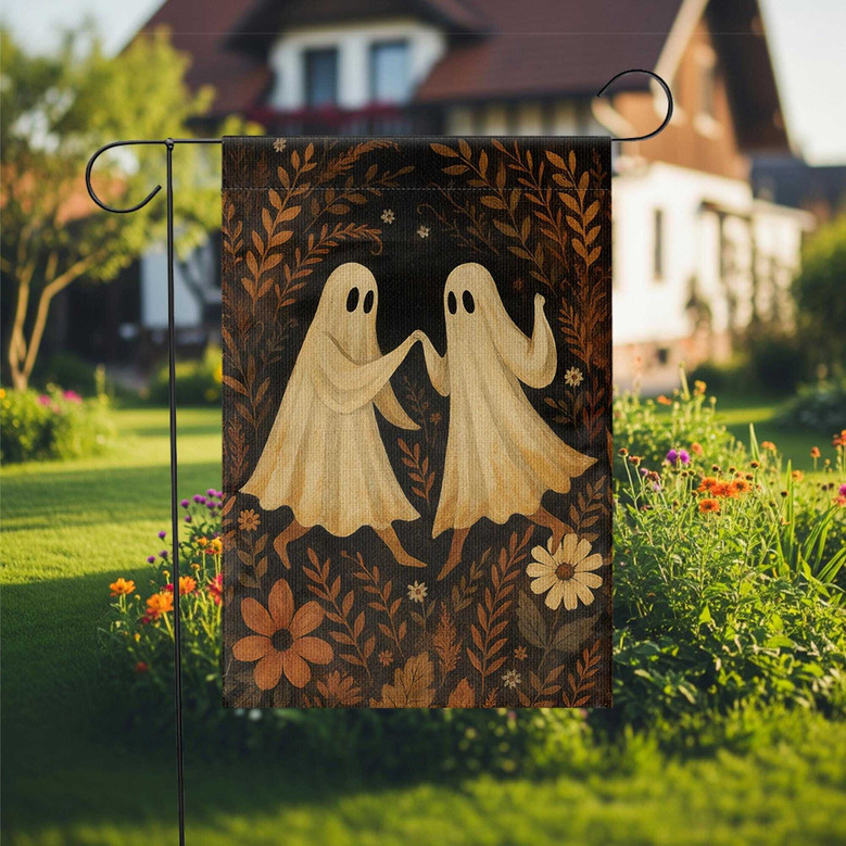 Cute Dancing Ghost Couple Garden Flag For Halloween - Vintage Floral Halloween Yard Decoration
