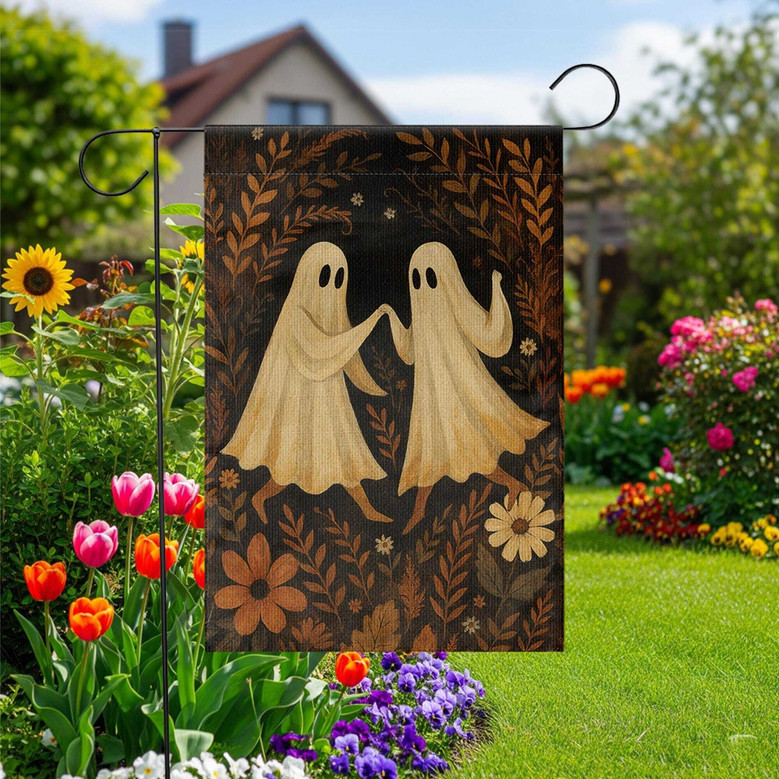 Cute Dancing Ghost Couple Garden Flag For Halloween - Vintage Floral Halloween Yard Decoration