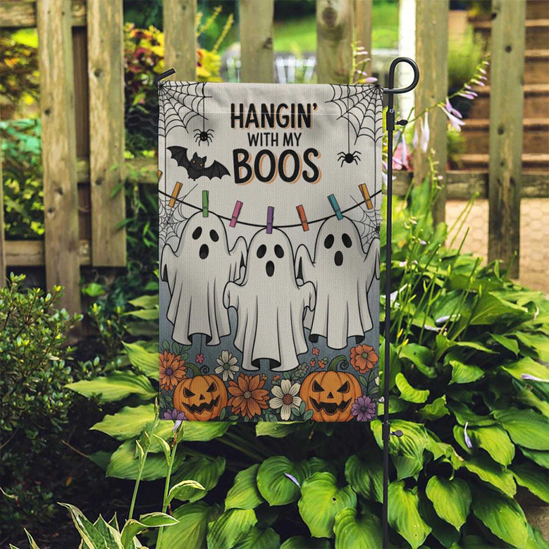 Cute Ghost Halloween Garden Flag For Outdoor Fall Decor - Hangin' With My Boos Theme With Pumpkins And Flowers