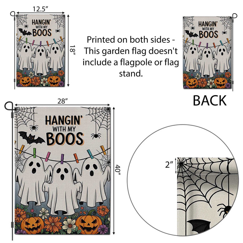 Cute Ghost Halloween Garden Flag For Outdoor Fall Decor - Hangin' With My Boos Theme With Pumpkins And Flowers