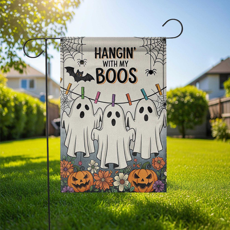 Cute Ghost Halloween Garden Flag For Outdoor Fall Decor - Hangin' With My Boos Theme With Pumpkins And Flowers
