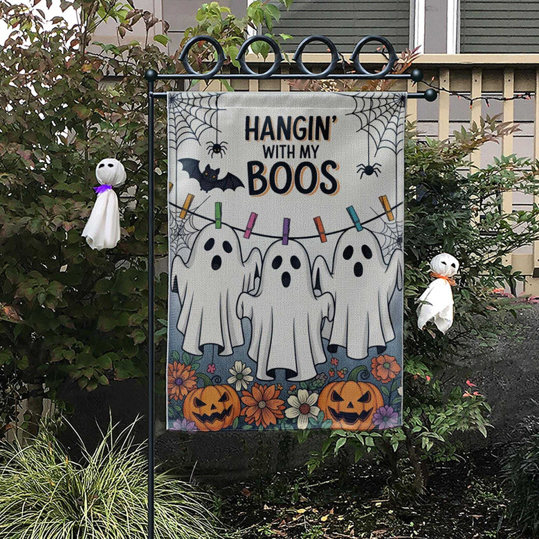 Cute Ghost Halloween Garden Flag For Outdoor Fall Decor - Hangin' With My Boos Theme With Pumpkins And Flowers