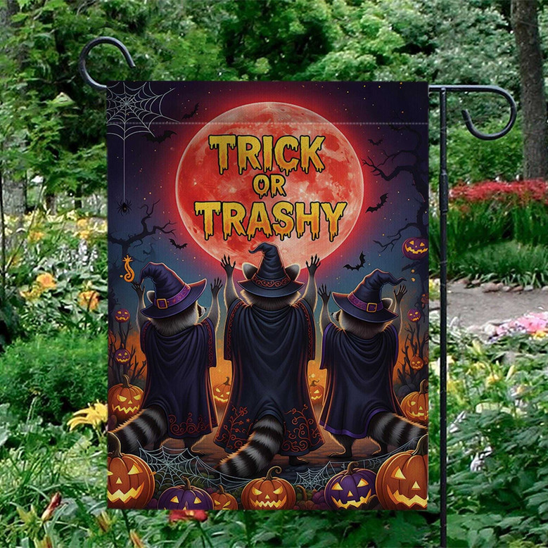 Spooky Halloween Garden Flag With Raccoons & Pumpkins - Witchy Outdoor Decor - Trick Or Trashy Design